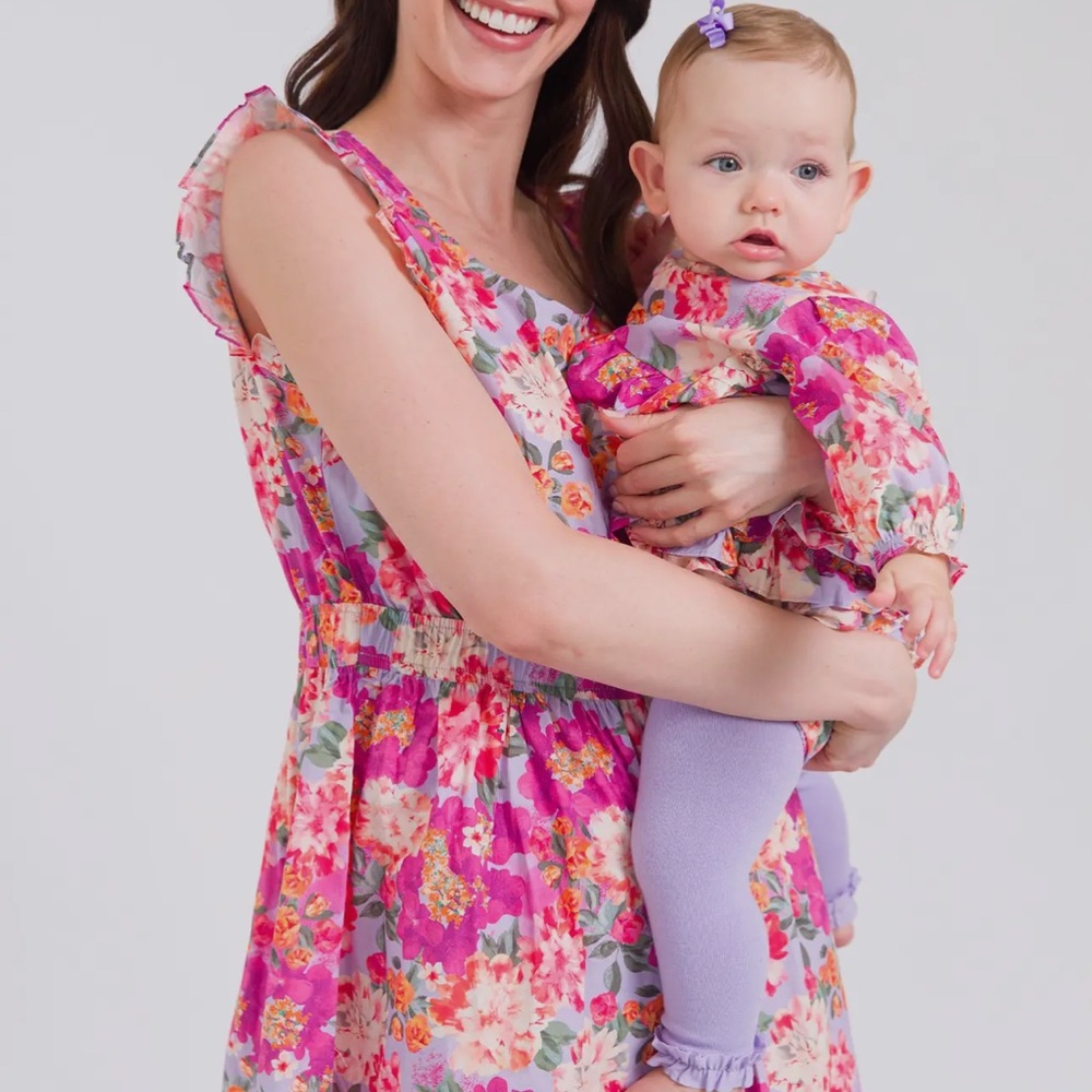 EUC RuffleButts Women’s cotton Tiered Midi Dress - Lavender Valley floral print